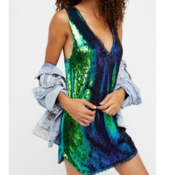 Free People Reversible Sequin Two Toned Prism Sparkle Mini Dress - Picture 1 of 8